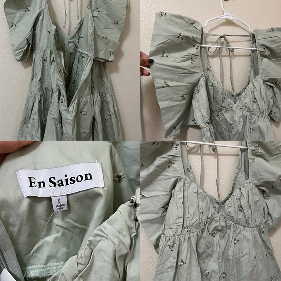 •EN SAISON• Urban Outfitters Anya Embroidered Floral Mini Dress Pockets Green - Picture 6 of 6